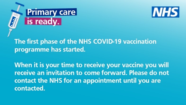 The first phase of the COVID Vaccinations have started, the NHS will contact you with an appointment
